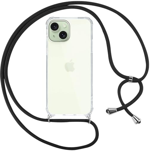 Pnakqil Coque pour iPhone 15 Plus avec Cordon, Transparente Silicone Housse avec Réglable de Collier Anti-Chute Etui pour iPhonePlus, Ètuis à Bandoulière, Noir