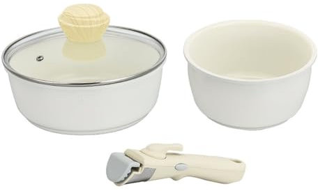 SHUQICAINA Juego de Ollas y Sartenes, Juego de 3 Sartenes Antiadherentes con Mango Desmontable, Juego de ollas y sartenes para cocinar, Diseño apilable, Batería de Cocina de Aluminio, Beige