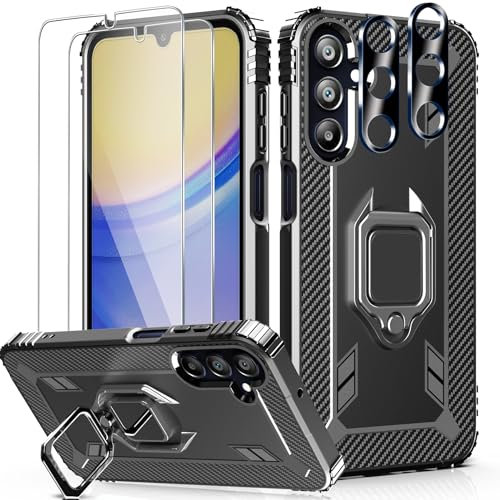Wiaocit 5 in 1 Cover per Samsung Galaxy A15 4G/5G + 2 Pezzi Vetro Temperato + 2 Pezzi Protezione Fotocamera, 360 Girevole Regolabile Ring Armor Bumper TPU Case Supporto Cellulare Silicone-Nero