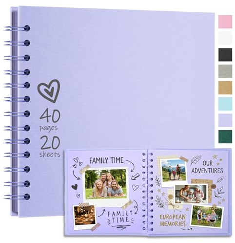 Vienrose Fotoalbum zum Selbstgestalten 18x18 cm DIY Scrapbook Bastelalbum mit 20 Blatt (40 Seiten) Hardcover Kraftpapier Spiralalbum als Geschenk für Hochzeit Geburtstag Jahrestag Helllila
