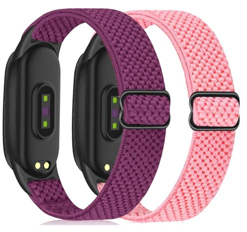 BTTNG Elastisches Armband kompatibel mit Xiaomi Band 7/Xiaomi Band 6/Xiaomi Band 5/Xiaomi Band 4/3, Armband Herren Damen, verstellbare elastische Nylon-Sport-Ersatzarmbänder für, Rosa + Violett,