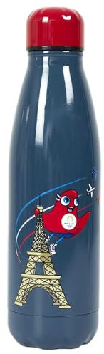 PARIS 2024, CJO3101, Bouteille Iso Mascotte Tour Eiffel 50 cl Bleu, Produit Officiel sous Licence, Gourde Inox Réutilisable, Thermos, pour Sport, Ecole, Voyage