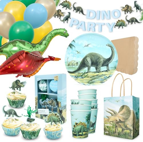PARTY PARTY 103 Teile Dino PARTYGESCHIRR + GESCHENKTÜTEN + CUPCAKE TOPPER + GIRLANDE + BALLONS Set für 8 Gäste Kindergeburtstag Dinosaurier Geburtstag Dino Deko Jungen