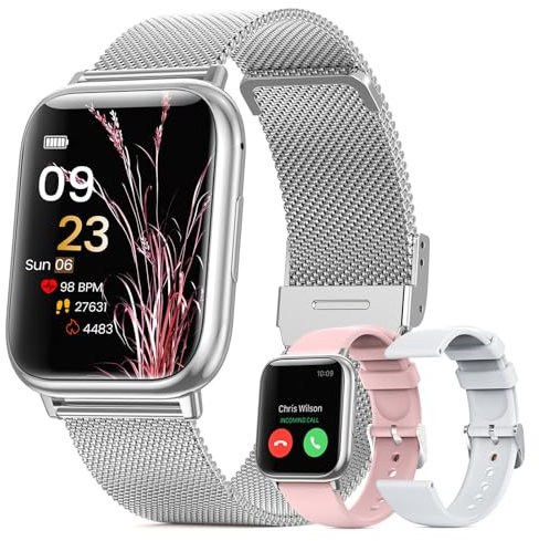 Smartwatch Donna con Chiamate Bluetooth, 1,83” Smart Watch 107+ Sportive con SpO2/Ciclo Mestruale/Frequenza Cardiaca/Monitoraggio Sonno/Impermeabile IP68 FitnessTracker per iOS Android (Argento)