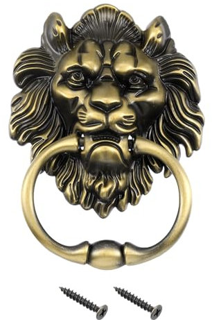 sourcing map 1 Pcs Lion Head Pulls Knob, 6 Inch Zinc Alloy Vintage Lion Door Handle Decorative Front Door Knob Ring Pull Handle for Gate Cabinets Drawers, Bronze
