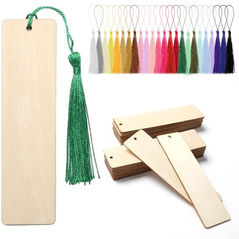 24 Stück Blanko Lesezeichen Holz Mit 24 Farben Quasten, Personalisiert für Kinder Erzieherin, Mit Löchern für DIY-Basteleien, Geschenkanhänger, Urlaubsgeschenke, Partydekorationen