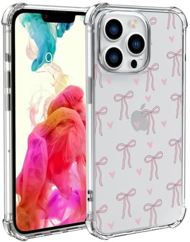 Wihytec Pink Bow Clear Phone Case for iPhone 11 Pink Bow Heart Case Cover Clear Phone Case Four Corner Reinforced Shockproof Girly Women Phone Cover Transparent Case