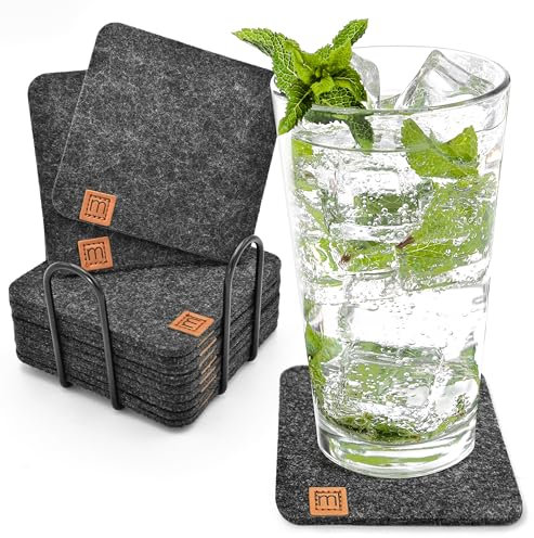Miqio® Design Filz Glasuntersetzer eckig | 12-er Set + Halter | Nachhaltige Oekotex Untersetzer für Getränke, Kerzen, Tassen, Bar, Gläser | Tisch Deko | dunkelgrau