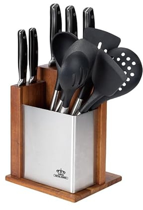 Royal Swiss Bloque de cuchillos multifuncional y soporte para cubiertos de cocina con 2 recipientes de almacenamiento, cucharas y utensilios de cocina