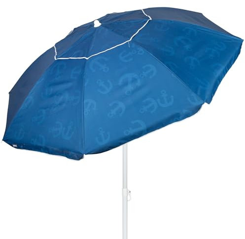 AKTIVE Sombrilla de playa 220 cm azul con estampado anclas, mástil de acero inclinable y ventilación superior, ligera y resistente al viento, protección solar UV30 y bolsa de transporte (62426)