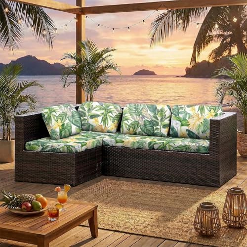 LiveGo Patio Stretch Sofa Cushion Cover Outdoor Cushion Cover Replacement Patio Furniture Cushions Couch Slipcovers Chair Seat Cover Soft Flexibility Protector (6, Green Leaves)