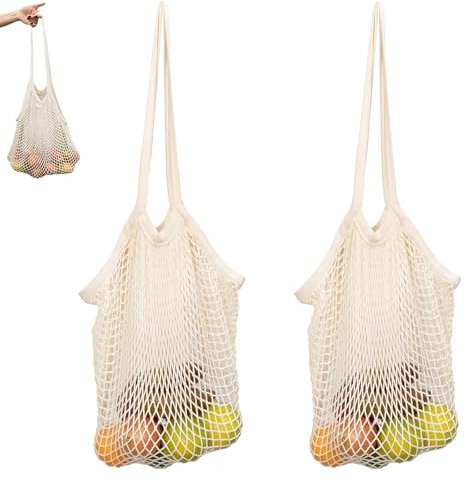 BbiuRer 2 Stück Netztasche Sandspielzeug, Einkaufstasche Netz Wiederverwendbar, Baumwolle Einkaufsnetz Bags, Einkaufsnetzbeutel mit langem Griff für die Aufbewahrung von Obst und Gemüse