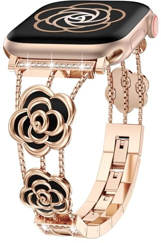 Wearlizer Bling Metal Strap Compatible with Apple Watch Strap 40/38/41/42mm Women, Dressy Diamond Elegant Camellia Luxury Band for iWatch SE Series 11/10/9/8/7/6/5/4/3/2/1/Ultra Rose Gold/Black