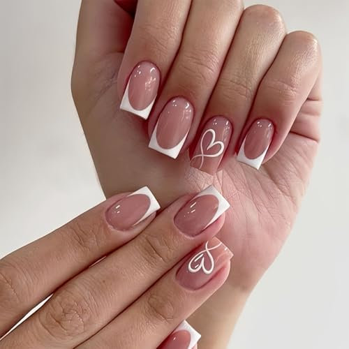 24PCS Square French Tip Press On Nails - Heart Pink Fake Nails with Glue & Nail Tools - Elegant Stick-On Nails for Women and Girls - Acrylic Fake Nails Manicure DIY