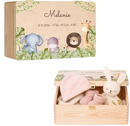 Maverton Erinnerungsbox Baby mit Namen - Aufbewahrungsbox mit Deckel - personalisierte Geschenke Baby - Geschenk für Mädchen und Jungen zur Geburt zur Taufe - aus Kiefernholz