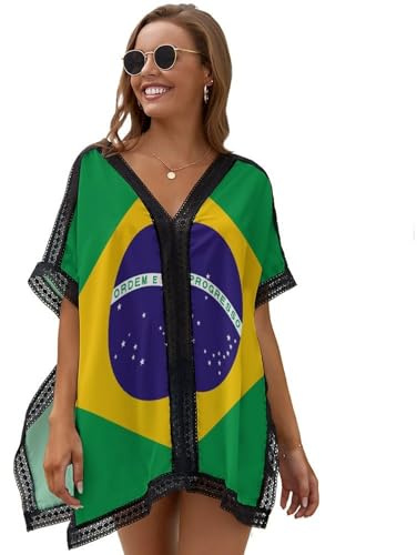 SMBHIAON Brasile Motivo Bandiera Donna Copricostumi Parei Sciolto Beachwear Cover Up Stile Patriottico Scollo A V Pizzo Copribikini Vestiti con Spacchi Laterali