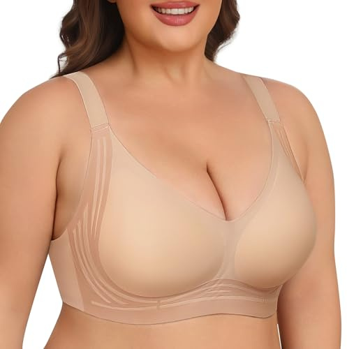 UMIPUBO Reggiseno Senza Ferretto Donna Taglie Forti Reggiseni Senza Cuciture Comodo Push Up Scollo a V Copertura Totale Basic T-Shirt Imbottito Bralette con Bra Estensione (Pelle, XXL)