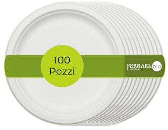 Ferrari Bio | Piatti Dessert Compostabili 175×15,8 mm, 100 Pezzi | In Bagassa Sbiancata, ideali per ristorazione e catering