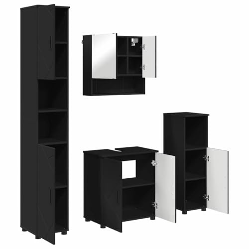 vidaXL Badezimmermöbel-Set 4 pcs Schwarz Holzwerkstoff & Metall, Moderne Badezimmermöbel, rechteckiger Stauraum, wandmontiert, platzsparend, Metallrahmen, Holzdesign