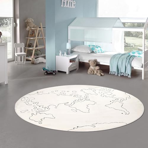 Teppich-Traum Kinderteppich Weltkarte Creme Rund Ø 120 cm | Pflegeleicht, weich, hautsympathisch und strapazierfähig, OEKO-TEX geprüft, Kontinente im Hoch-Tief-Effekt
