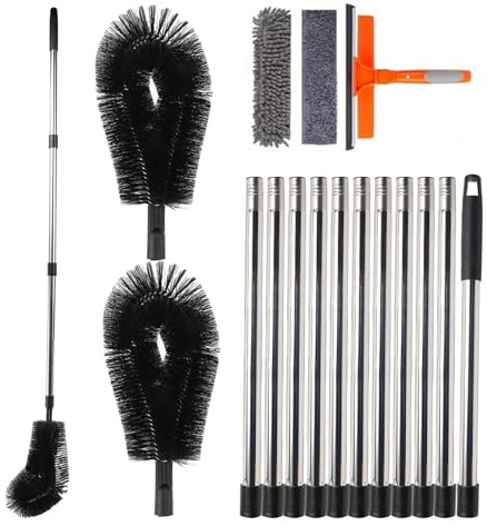 Outils de nettoyage de gouttière, brosse de nettoyage de gouttière de 4,3 m de long avec 2 têtes de brosse, 11 poteaux, 1 raclette de fenêtre, brosse télescopique réglable pour enlever les débris de