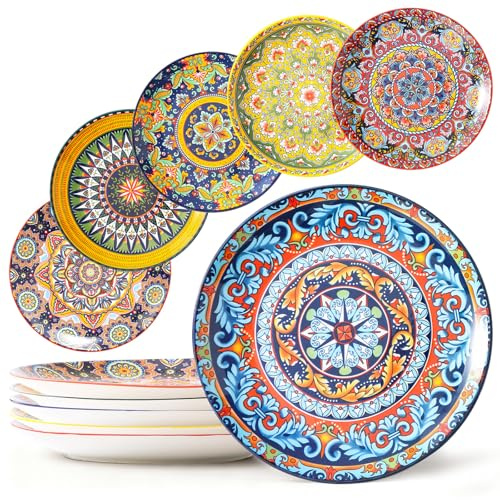 NTKOW 6-Piece Ceramic Dinner Plates Set, 10-Inch Large Dinner Plates, Bohemian Style Suitable for Salad, Fruit, Pasta, and Main Courses, Dishwasher and Microwave Safe Party Tableware