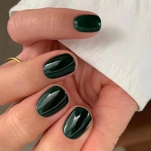 Viugex 24Pcs Dark Green False Nails Short, Glossy French Press on Nails Square, Pure Color Acrylic Fake Nails Set, Natural Artificial Soft Gel Stick on Nail for Women Girls Finger Decoration, 12 Sizes