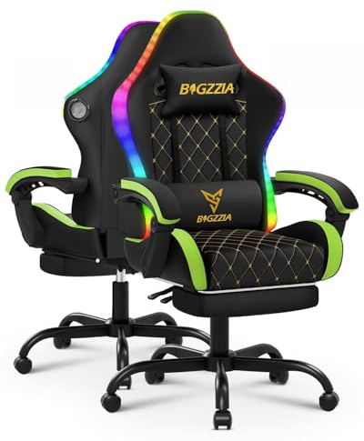 Racingreat RGB/LED Gaming Stuhl mit Lautsprecher und Fußstütze (Grün) | RGB/LED PC Stuh mit Footrests, 90°–135° Neigungswinkel Höhenverstellbar, Junge Erwachsene Gamer Büro Pause Familien