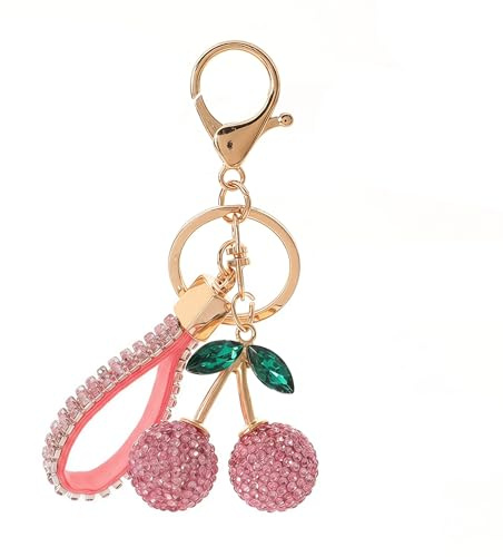 Copbopwn Schlüsselanhänger Kirsche aus Legierung mit Rosa Strass, Goldfarbener Anhänger für Auto und Tasche als Bag Charm, Schlüsselanhänger Glitzer, Kirschen Anhänger, Schlüsselanhänger Rosa