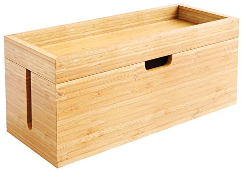 KD Essentials Kabelbox & Aufbewahrungsbox mit Deckel aus Bambus Holz, Kabelmanagement Organizer Box- verstaut sicher Kabel & vermeidet Kabelsalat – plastikfrei & robust mit praktischer Ablagefläche