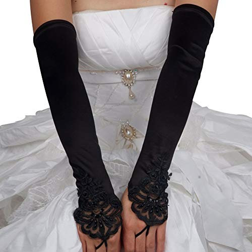 MoreChioce Damen Spitze Handschuhe,Hochzeit Braut Handschuhe Strass Armstulpen Frauen Lange Handschuhe Elastisch Lace Hochzeithandschuhe Hochzeit Party Abend Handschuhe,Schwarz