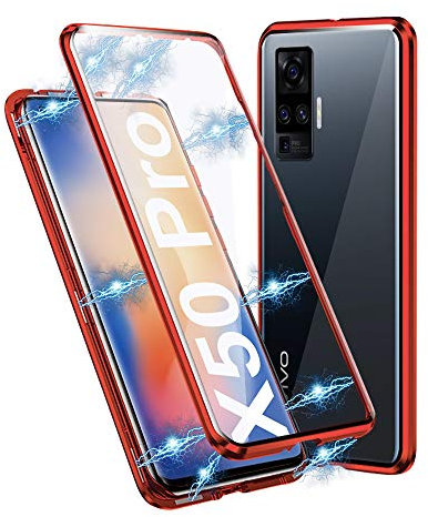 JoiCase Coque pour Vivo X51 5G Adsorption Magnétique Étui 360 Degré Protection Housse Verre Trempé Cadre Aluminium Aimant Fort Antichoc Métal Flip Cover - Rouge