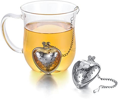 2pcs Heart Shape Tea Infuser Stainless Steel Tea Strainer Fine Mesh Tea Ball Filter with Chain and Drip Trays for Loose Tea Herbal Spices Seasonings