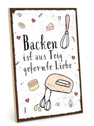 TypeStoff Holzschild mit Spruch – Backen – im Vintage-Look mit Zitat als Geschenk und Dekoration zum Thema Küche, Kuchen und Plätzchen - HS-00775
