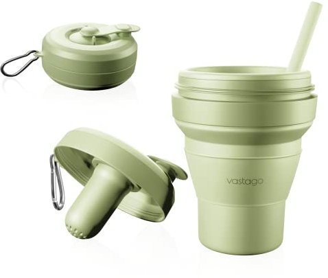 vastago© Faltbarer Reisebecher Silikon (355 ml) – Faltbare kaffeebecher | Camping Becher| Coffee to-go Tasse – faltbecher Outdoor | Kaffee | Espresso | Mehrwegbecher BPAFrei Mit Strohhalm & Teefilter