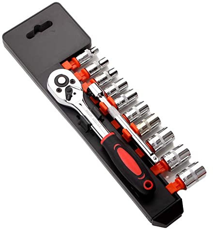 LSHK 1/4'' Ratchet Socket Wrench Set, Mechanic Tool Kit and Sockets Set with Quick Release Reversible Ratchet Handle and Extension Bar, 12 Pcs Set