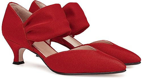 Coutgo Womens Low Kitten Heel Dress Shoes Pointed Toe Slip on Ankle Strap Cutout Elegant Party Wedding Pumps, Red, 6 UK