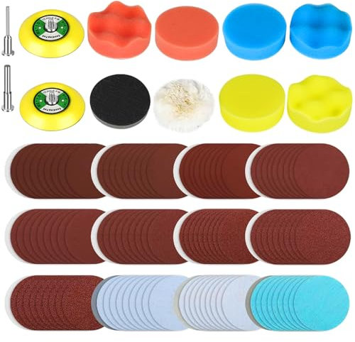 EEEkit 132 Piezas Kit Esponja Pulir para Coche, Papel De Lija 3 Pulgadas, Esponjas De Espuma Y Lana Para Pulir Y Eliminar Rayones