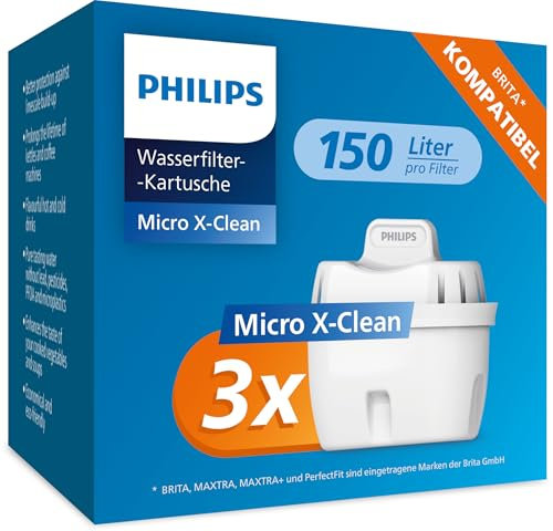 Philips Water Cartuchos de filtro de agua de repuesto Filtración Avanzada, pack de 3 filtros, compatible con Brita, reduce los MICROPLÁSTICOS, el CLORO, la CAL, los METALES PESADOS