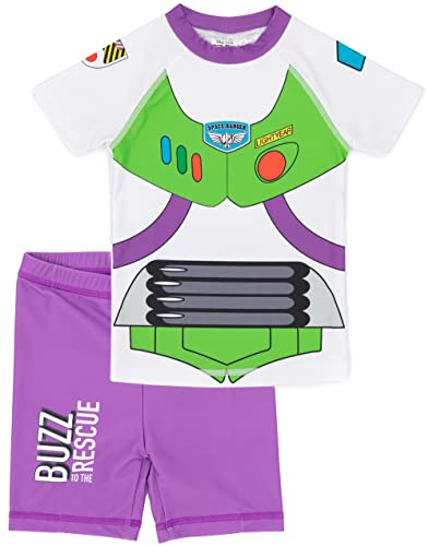 Disney Pixar Toy Story Buzz Lightyear Swimsuit for Boys | Purple Green Rescue Two-Piece Top Shorts Bathing Suit Swim Set | Kids Space Ranger Swimwear