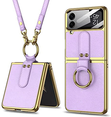 COQUE Custodia per Galaxy Z Flip 4 5G Cover, Custodia protettiva per tracolla fatta a mano con anello in metallo sottile in pelle, Cover pieghevole per telefono per Samsung Galaxy Z Flip 4 5G-Viola