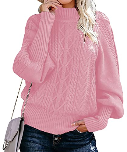 Pull Col Roulé Femme Hiver Pull Oversize Grosse Maille Ample Jacquard Manche Longue Large Femme Col Roule Grande Taille Pulls Tricoté Vintage Gros Pull Tricot Torsade Personnalisable Femme Rose M