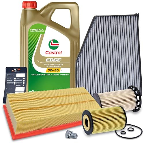 BESTPRICE Inspektionspaket Filterset mit 1x Ölfilter, 1x Innenraumfilter (Aktivkohle), 1x Luftfilter, 1x Ölablassschraube, 1x Kraftstofffilter, 1x Motoröl 5W-30 LL 5 l, 1x Ölwechselanhänger,