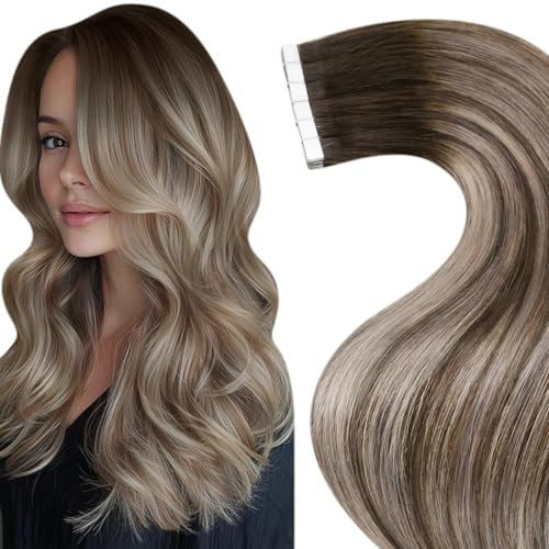 Hetto Tape Extensions Echthaar Balayage Tape in Extensions Echthaar 60 cm Balayage Mittel Braun to Ash Blond Seidig Gerade Invisible Tape Klebe Remy Haarverlangerung 20pcs 50g #3/8/22