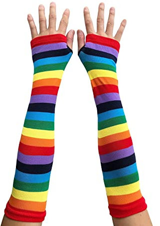 AUSUAYA Gestreifte Handschuhe, lang, fingerlos, gestrickte Armstulpen für den Winter, für Punk, Rock und Cosplay, Gothic, Halloween-Party, GB-WM-S-G5, Regenbogenfarben/gestreift, One size