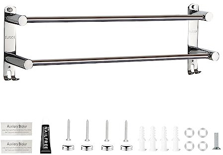 PLCatis Handtuchhalter ohne Bohren Doppel-Handtuchstange 40cm Edelstahl Selbstklebend Badetuchhalter Wandmontage Badetuchhalter mit 2 Haken für Badezimmer Küche