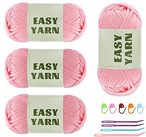 4 X 50g Easy Yarn Häkelgarn Wolle zum Häkeln Dickes Garn Häkelwolle Crochet Yarn Chenille Wolle zum Häkeln gut Sichtbare Maschen, Dicke Wolle zum Häkeln Dickes Baumwoll-Nylon-Rosa mit Häkelzubehör