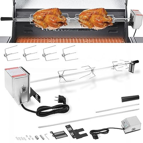 Yakimz Grillspieß Set, Drehspieß mit 4X Fleischnadeln, 117cm Grillspieß mit Edelstahl Motor 220V - 240V, Universal Rotisserie Traglast 10 kg