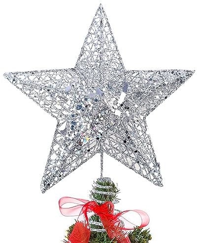 KEYIDO Silver Christmas Star Tree Topper, 8 Inch 3D Metal Star Topper, Silver Glittered Tree Topper for Xmas Tree Decoration