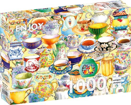 1000 Pieces Jigsaw Puzzle for Adults – Matte Finish, Soft Touch, Sturdy and Unique Pieces, Tight Fit, Vivid Colors, Missing Pieces Service – Tea Time with Vintage Cups and Pots Collage by ENJOY Puzzle